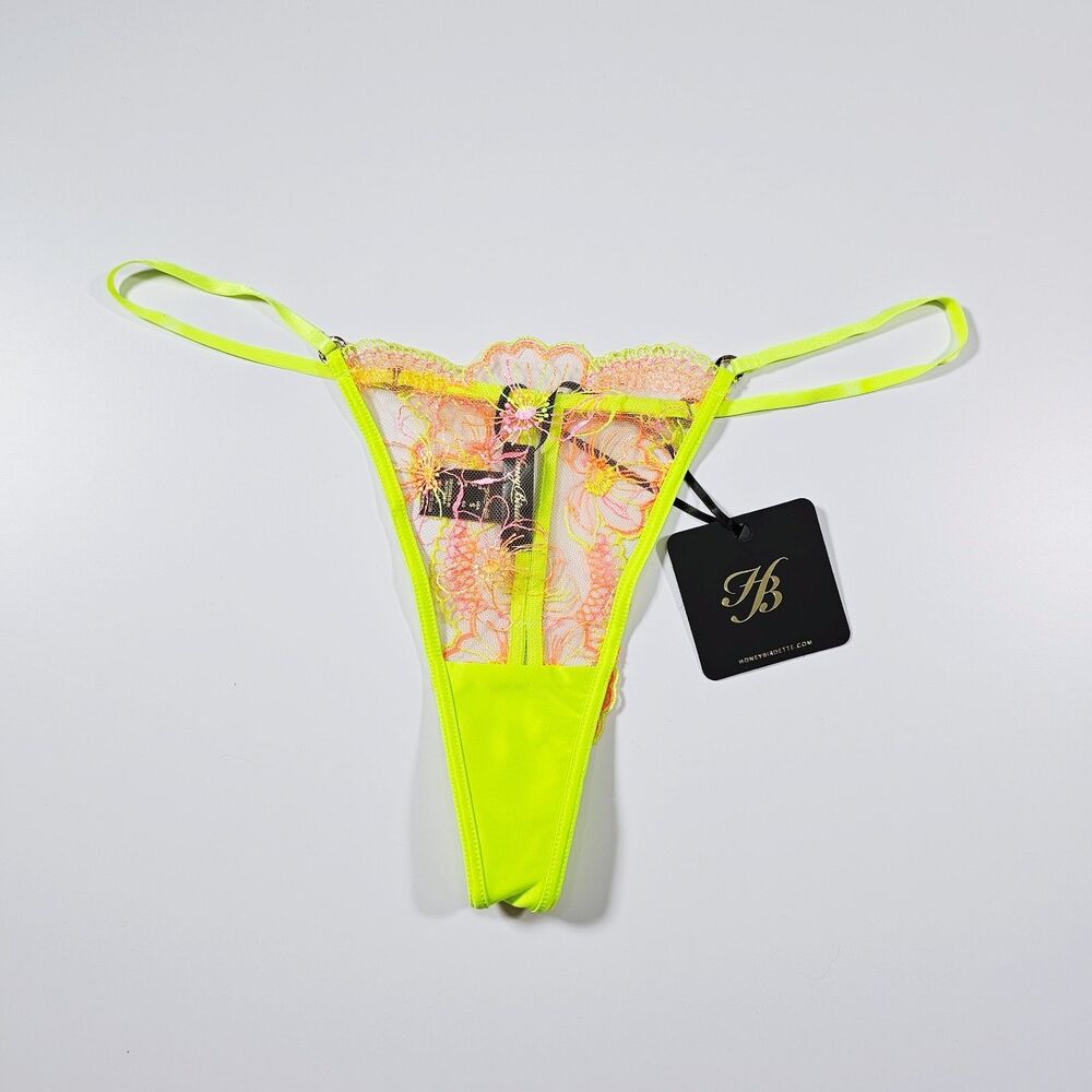 Honey Birdette Blossom Neon Lime Floral Embroidered Thong Panty Size S